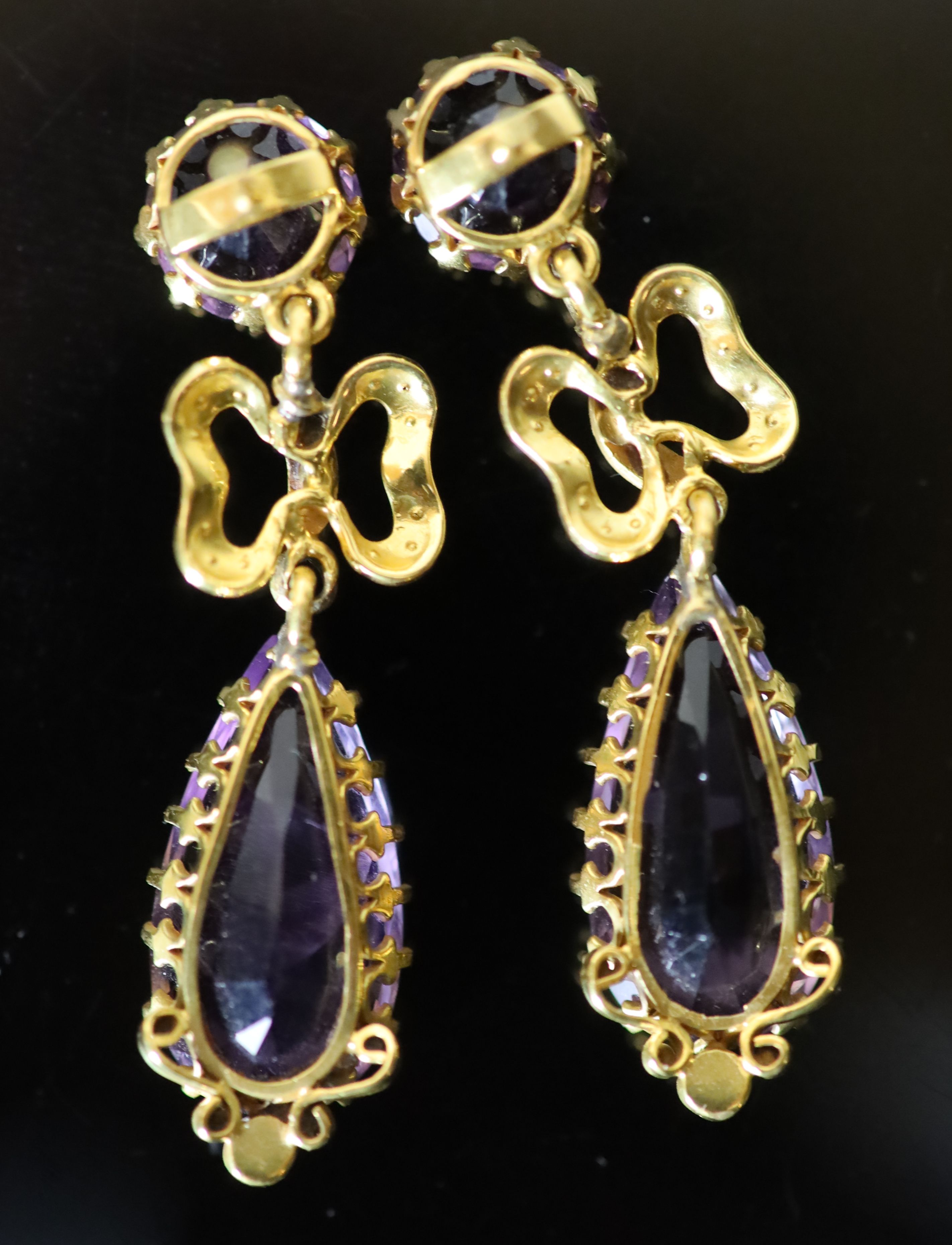 A pair of Victorian style gold, pear and round cut amethyst and seed pearl cluster set drop earrings,